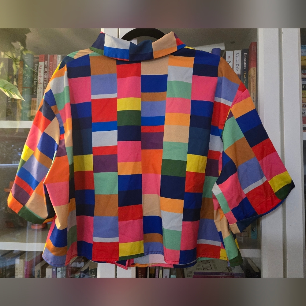 Colourful Checkered/Plaid Button-Up Short Sleeve Shirt with Collar - Picture 11 of 11